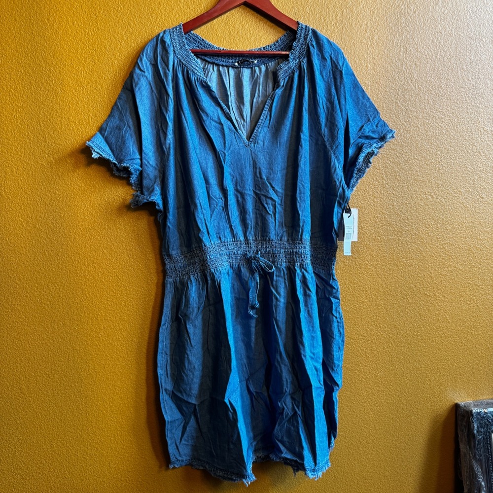 Dex Denim Chambray Tencel Dress 2X V Neck Smocked Waist Drawstring Frayed‎ Hem